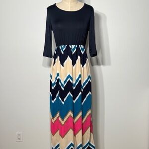 Chevron Pattern Long Sleeve Maxi Dress - Navy, Pink, and Blue